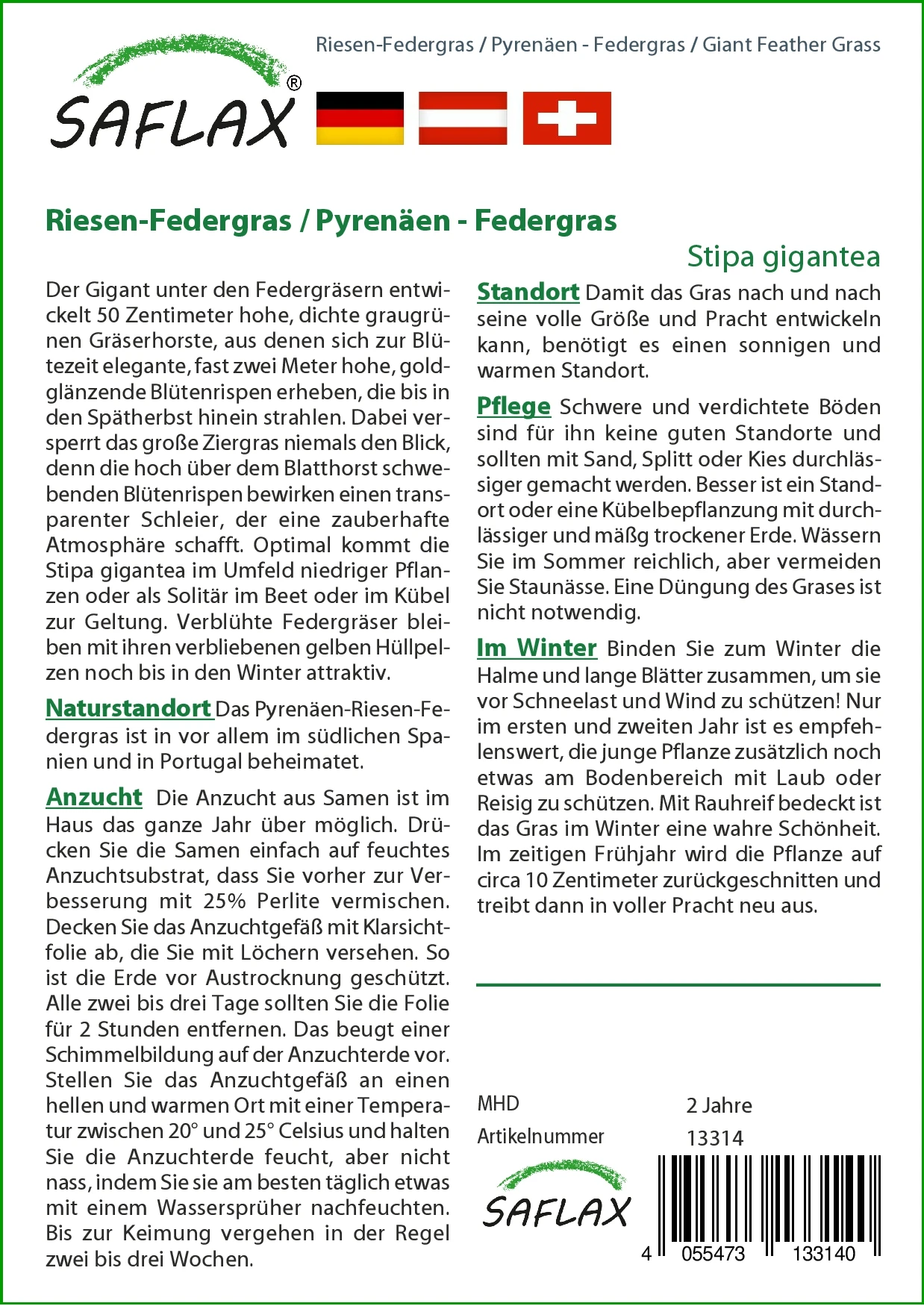 Riesen-Federgras (Pyrenäen-Federgras) | Gräsersamen Von Saflax – Bild 2